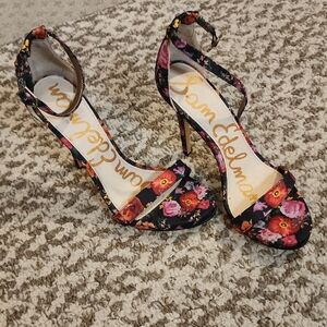 Sam Edelman Black Floral Open-Toe Ankle-Strap Stiletto Heels
